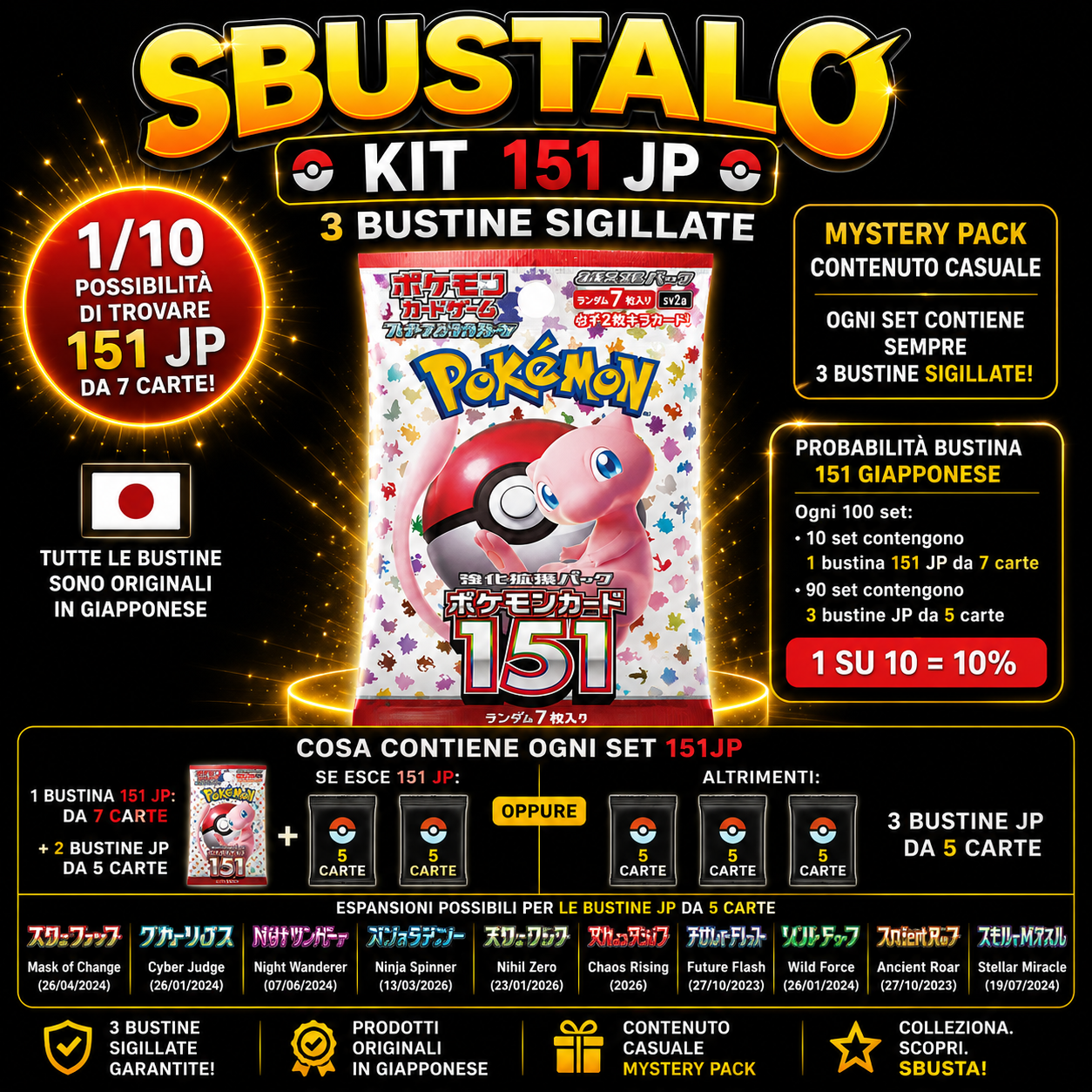 Mystery Pack Pokèmon by Sbustalo.com - 3 Bustine Sigillate Giapponesi Garantite - Possibilità 151 JP 1 su 10