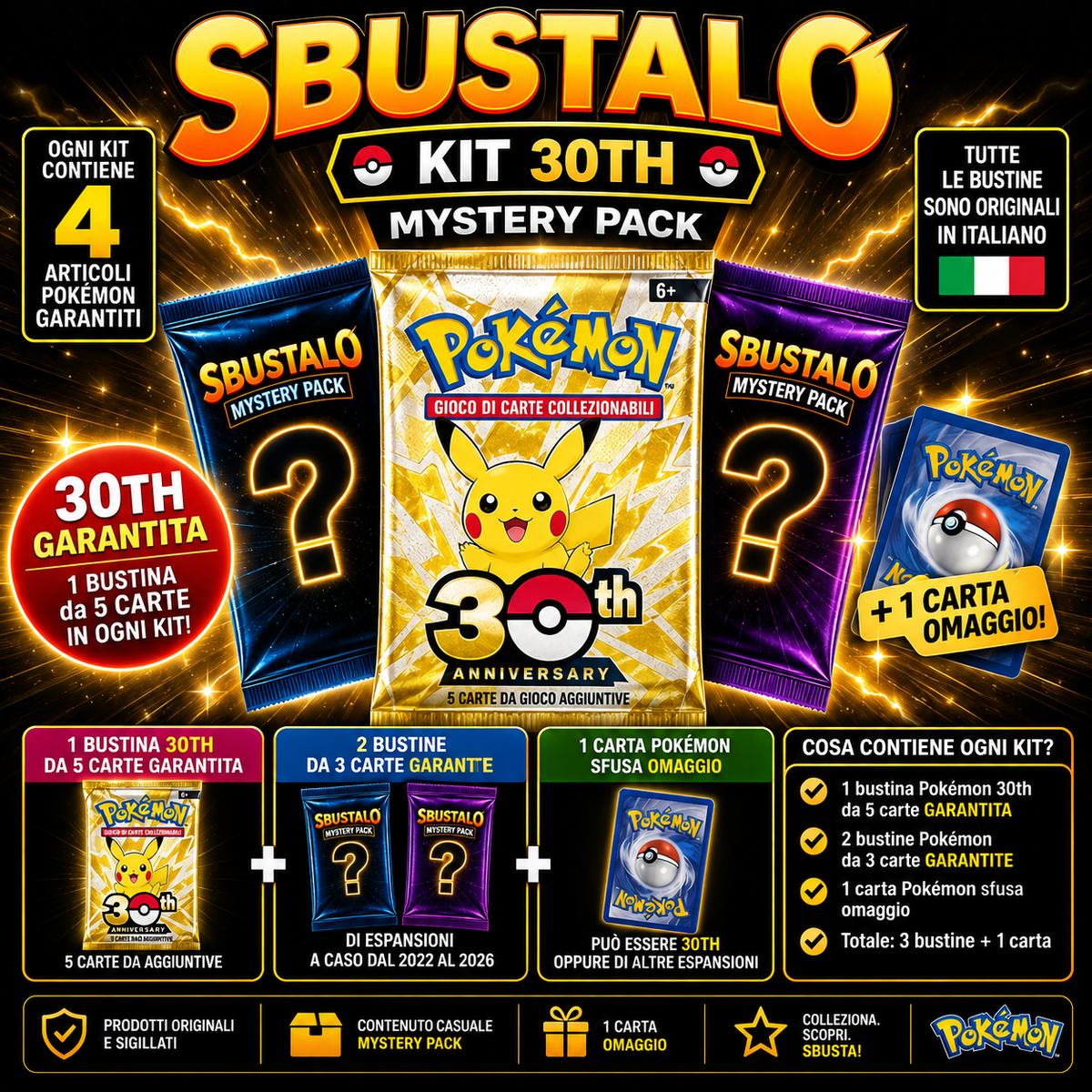 Mystery Pack Pokèmon by Sbustalo.com - 3 Bustine Sigillate Italiane Garantite - 100% Bustina 30TH Anniversario