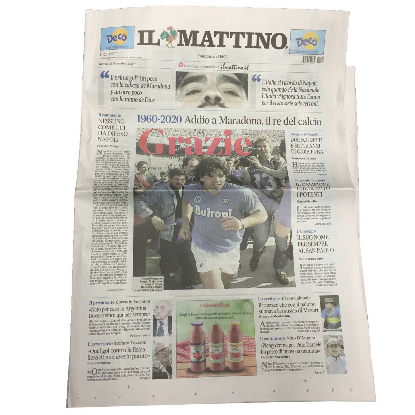 Il Mattino di NAPLES Zeitung vom 26.11. Danke Diego Armando MARADONA 1960-2020
