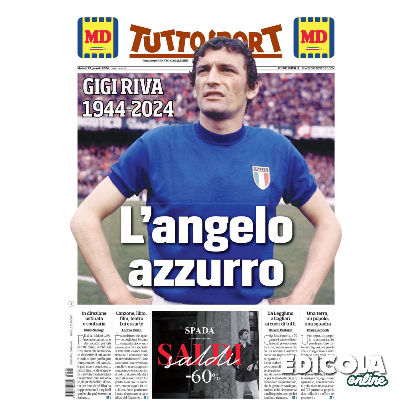 Corriere Gazzetta dello Sport tous 23.01.2024 Décès de Gigi RIVA Luigi Cagliari