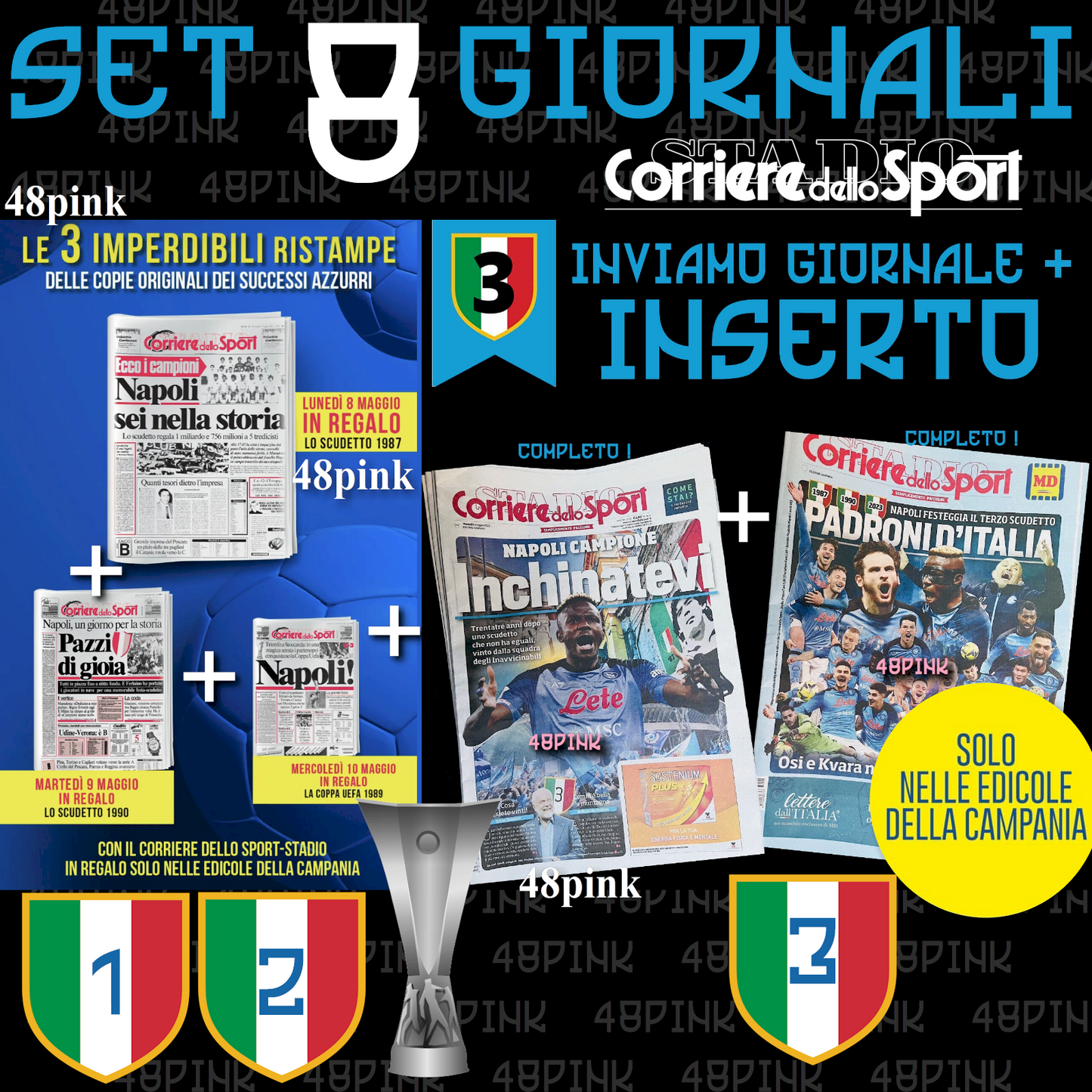 Corriere dello Sport 2023 + 3 Réimpressions NAPLES Scudetto 1987 1990 Coupe UEFA 1989