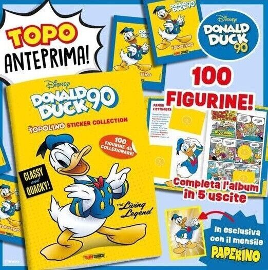 Complete Set 5/5 Album and Packs of Stickers PAPERINO 90 Years Donald Duck + Mickey Mouse Comics