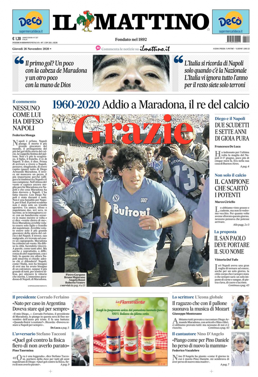 Giornale Il Mattino di NAPOLI del 26/11 Grazie Diego Armando MARADONA 1960-2020