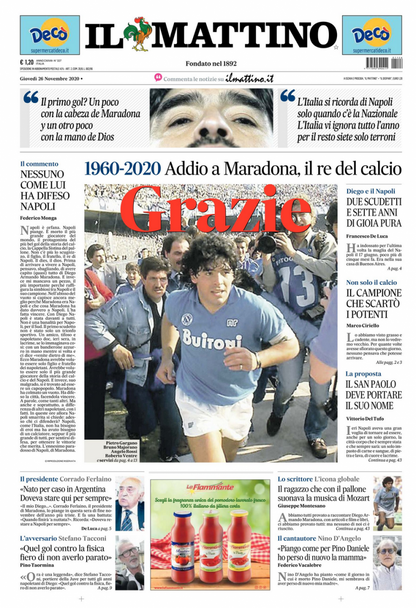 Giornale Il Mattino di NAPOLI del 26/11 Grazie Diego Armando MARADONA 1960-2020