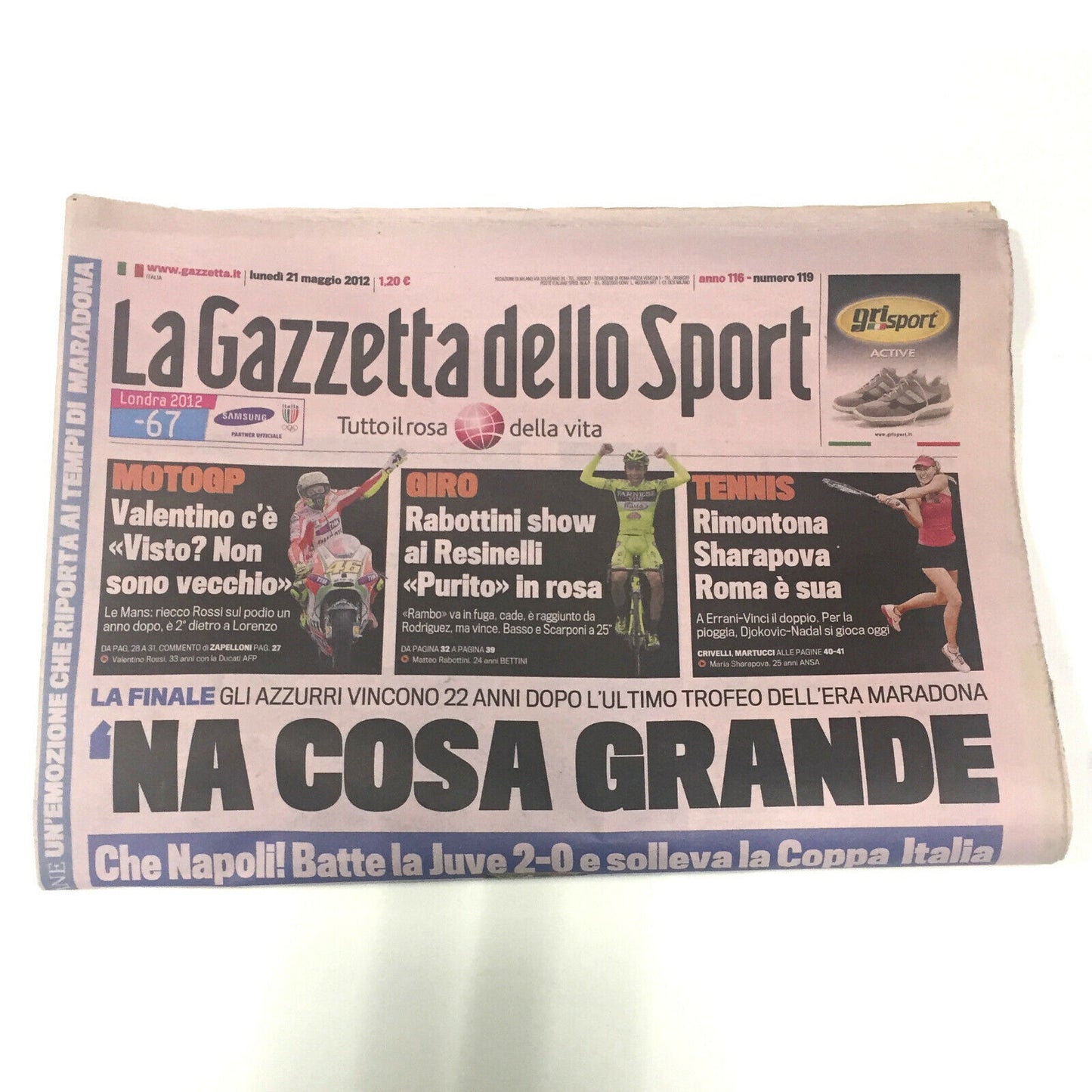 Giornale La Gazzetta dello Sport del 21.05.2012 Calcio Napoli Vince Coppa ITALIA