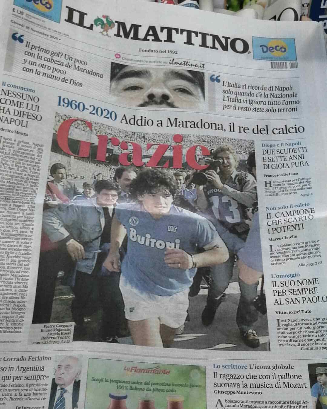 Giornale Il Mattino di NAPOLI del 26/11 Grazie Diego Armando MARADONA 1960-2020