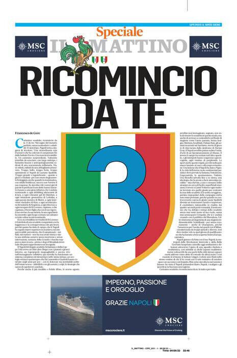 Newspapers il Mattino NAPLES Football SSC Italian Champion 3rd Scudetto 2022-23 2023
