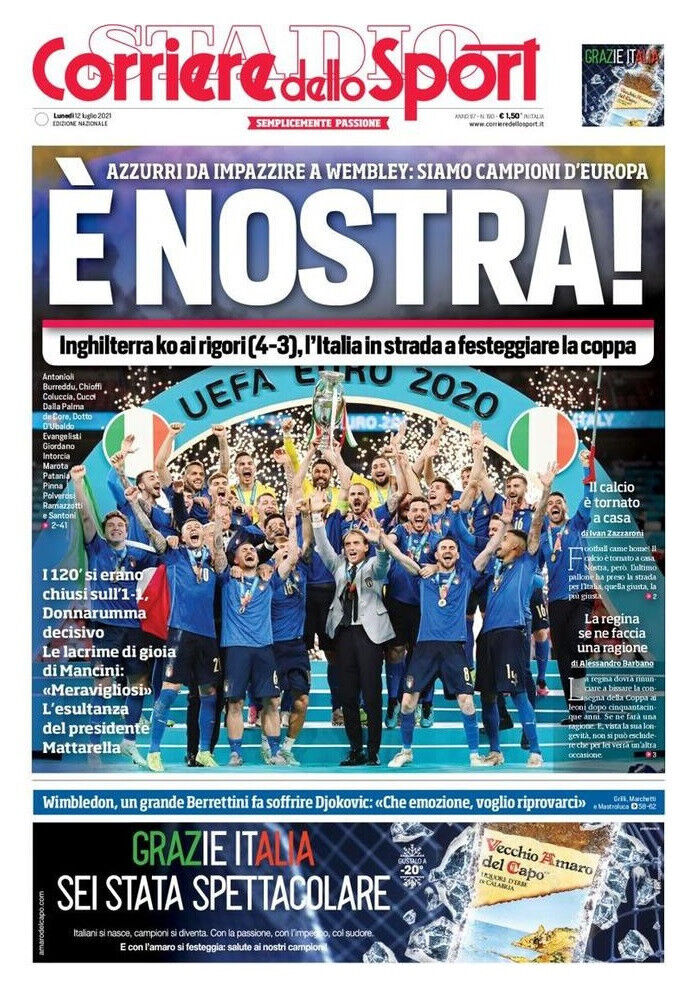 Il Corriere dello Sport del 12 Luglio 2021 Campioni d' Europa Italia Euro2020