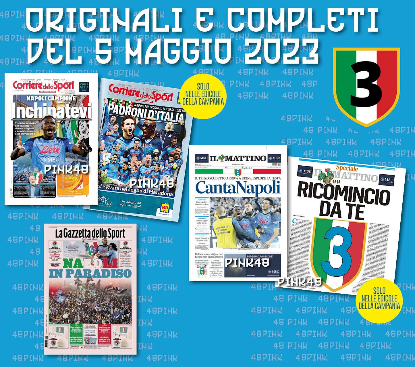5x Zeitung 5. Mai 2023 NEAPEL SCUDETTO Campione Gazzetta Corriere dello Sport