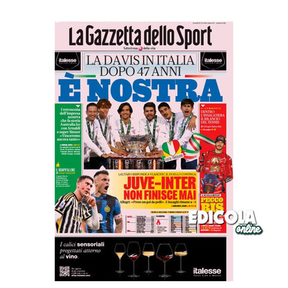 Zeitung Corriere Gazzetta dello Sport alle Davis Cup BAGNAIA SINNER ITALIA