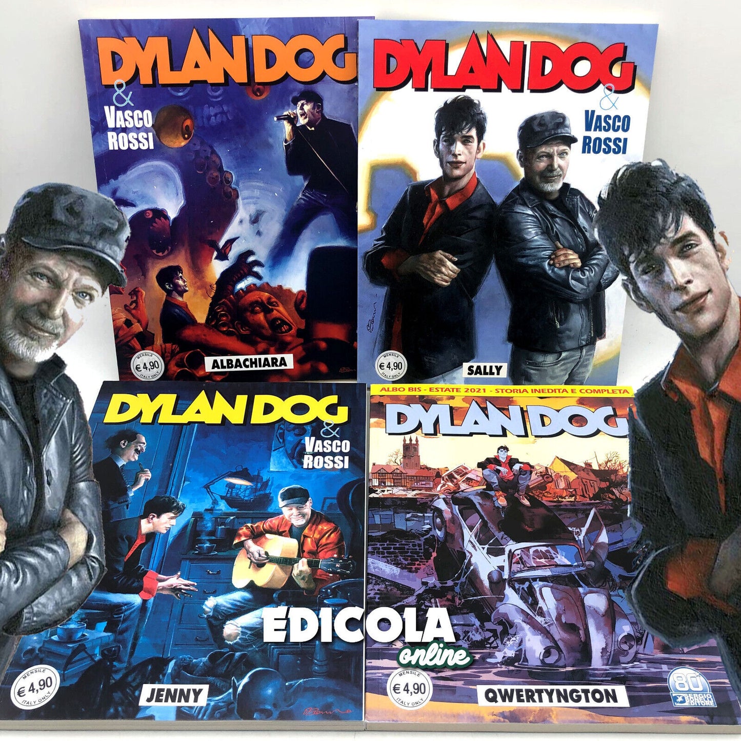 Lot 4 Comics von DYLAN DOG und VASCO ROSSI, komplette Serie 1, Erstausgabe, selten