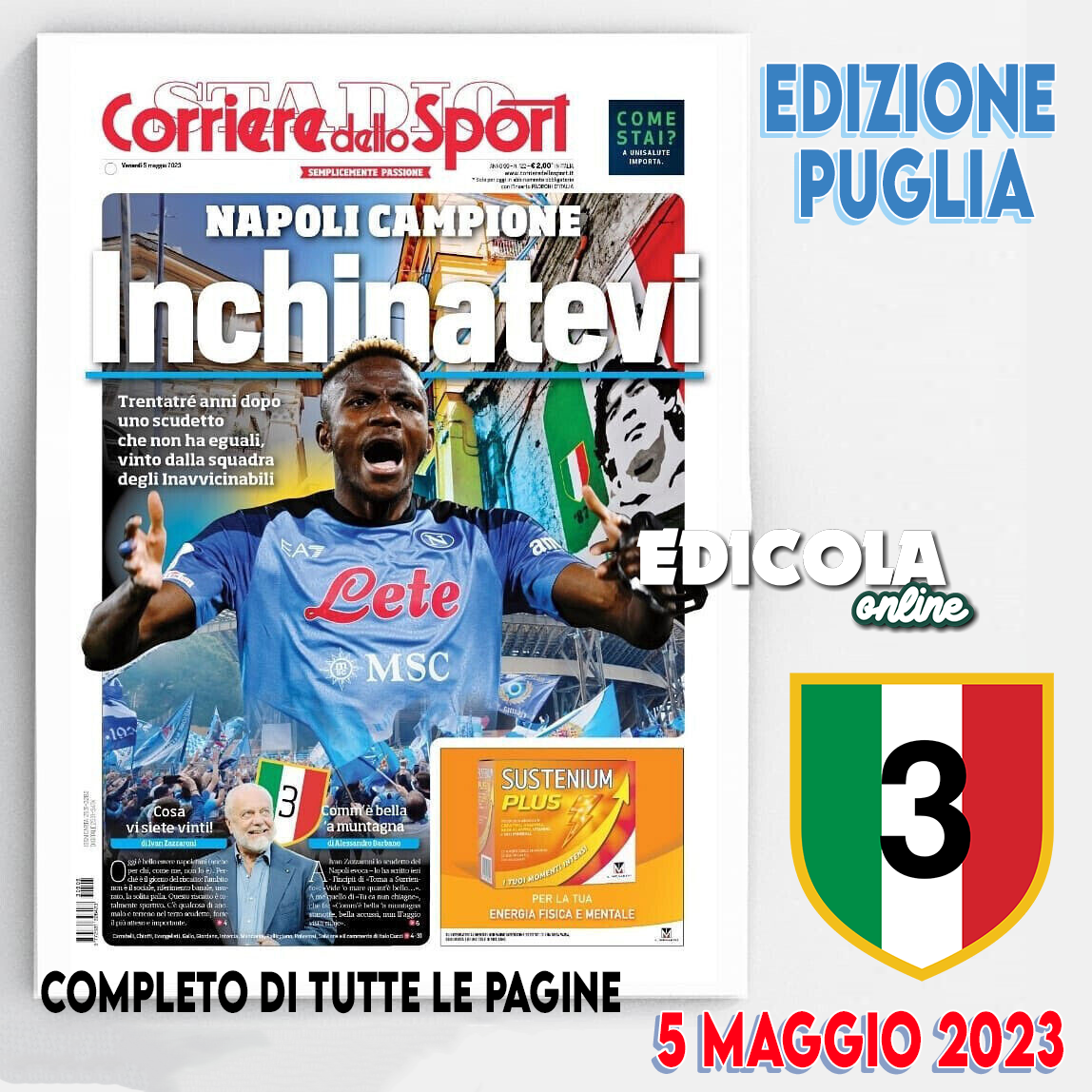 Newspaper Corriere dello Sport of May 5, 2023 3 Scudetto Football Napoli Osimhen