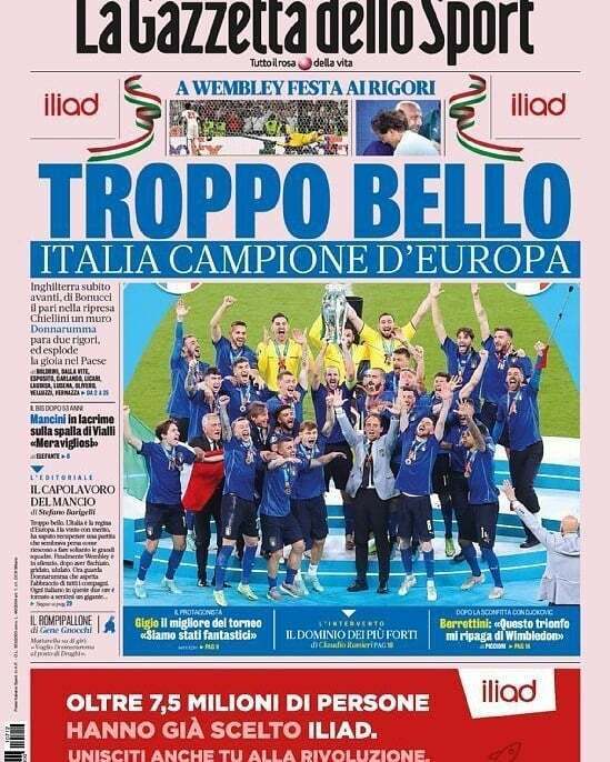 La Gazzetta dello Sport du 12 juillet 2021 Champions d'Europe Italie Euro 2020