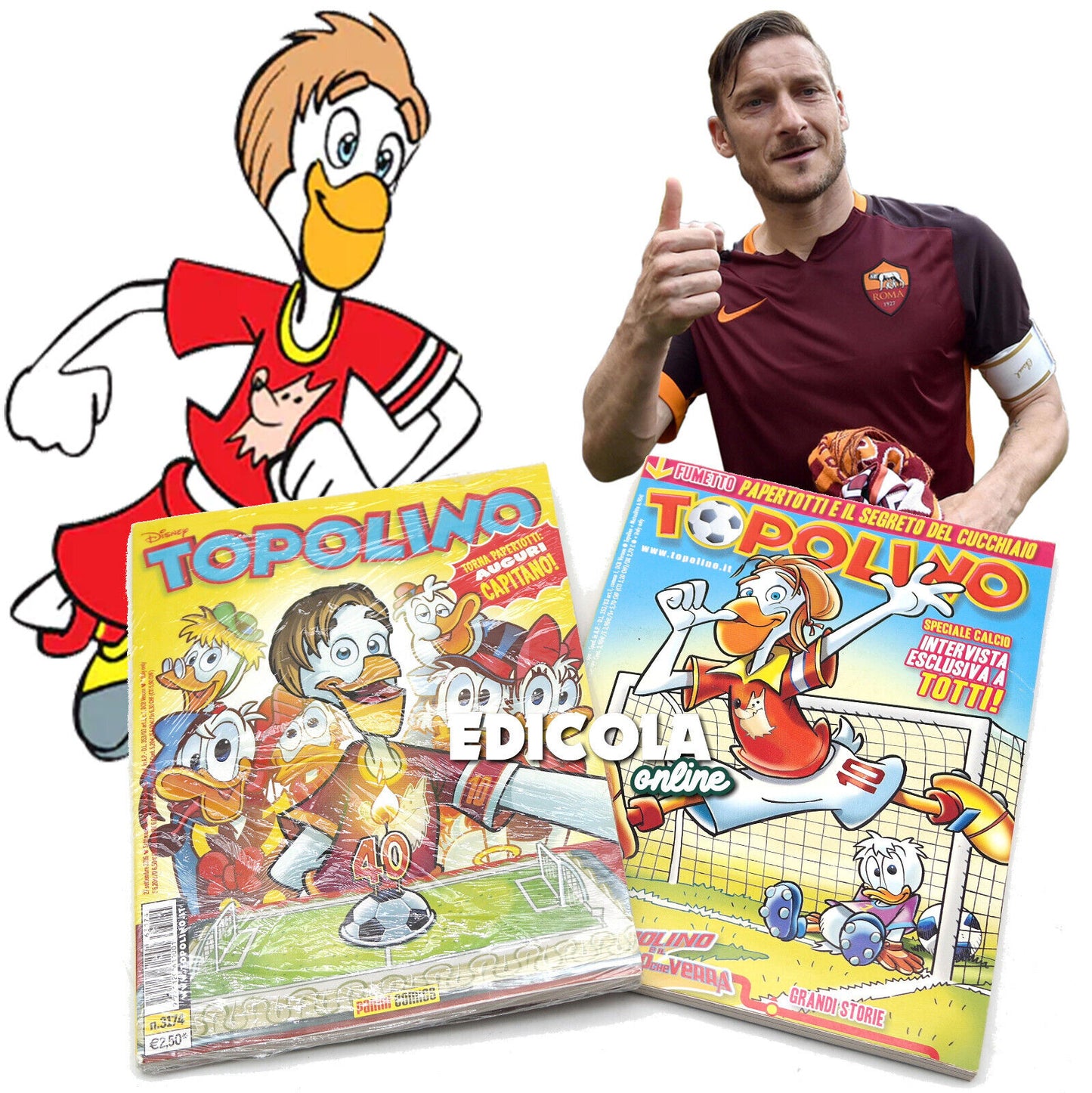 Set 2 Fumetti di TOPOLINO Libretto Francesco TOTTI che diventa Papertotti
