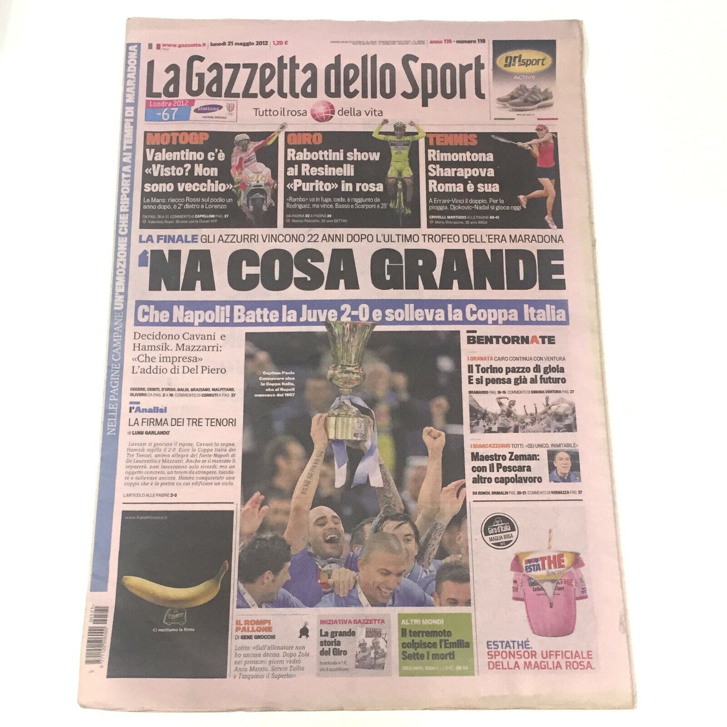 Giornale La Gazzetta dello Sport del 21.05.2012 Calcio Napoli Vince Coppa ITALIA