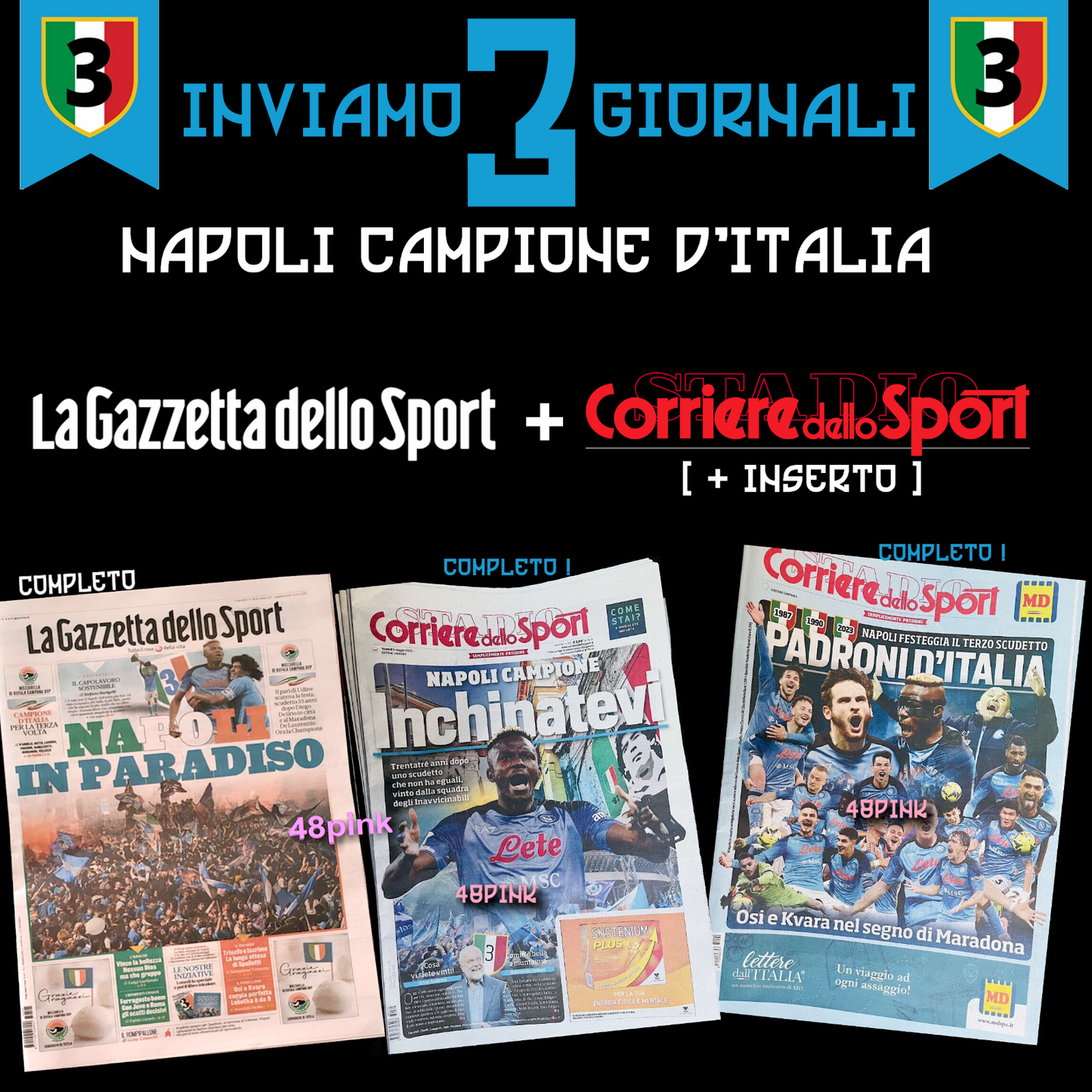 3 Newspaper Gazzetta Corriere dello Sport + Third Scudetto Napoli Football Insert