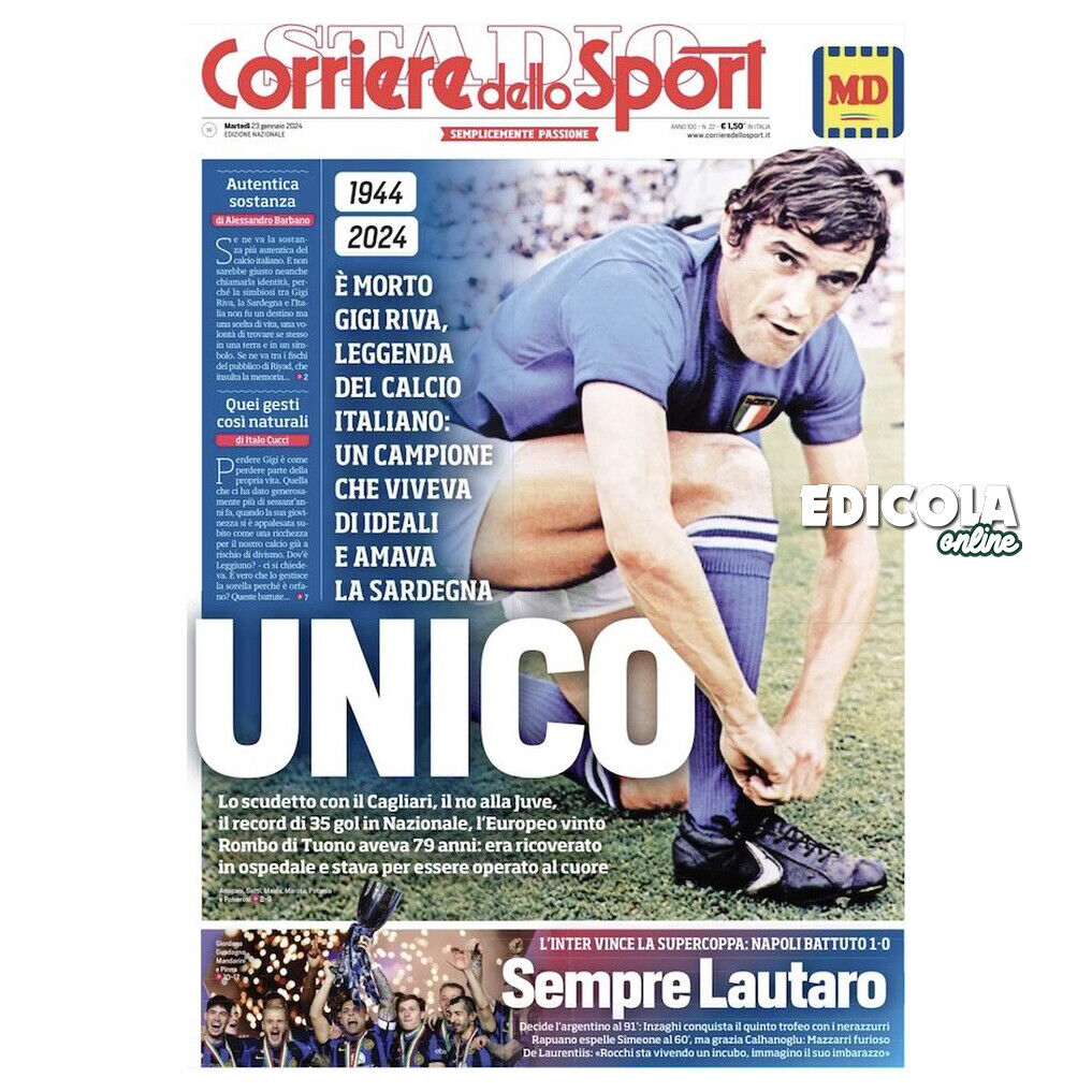 Corriere Gazzetta dello Sport alle 23.01.2024 Tod von Gigi RIVA Luigi Cagliari