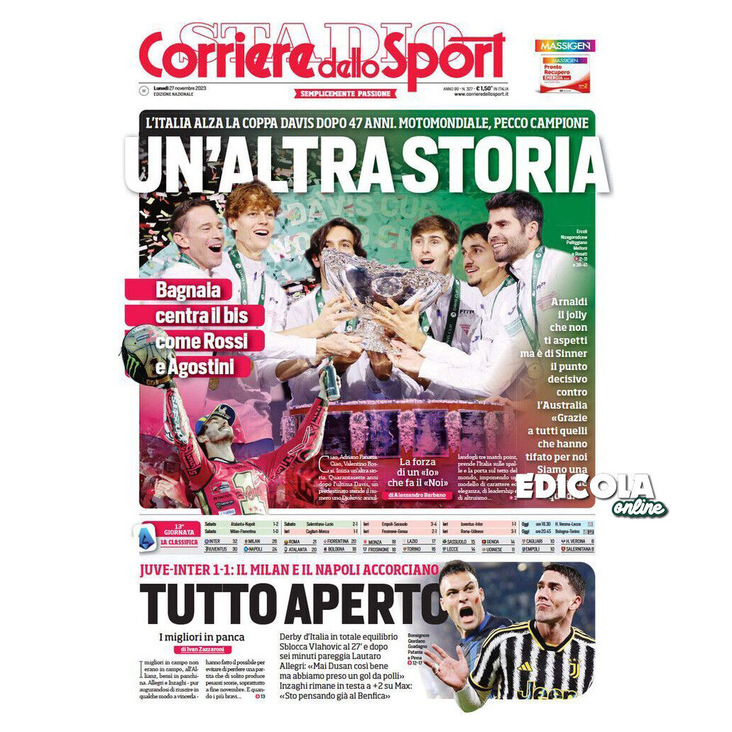 Zeitung Corriere Gazzetta dello Sport alle Davis Cup BAGNAIA SINNER ITALIA