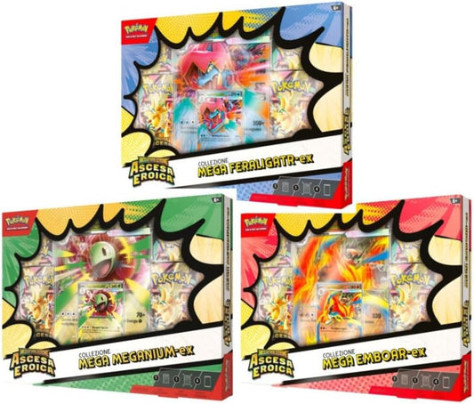 Set Pokémon Ascesa Eroica Collezione Mega EX Trio ITA – Mega Emboar ex, Mega Feraligatr ex, Mega Meganium ex – Italiano