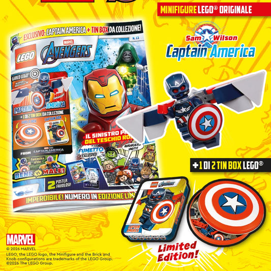 Rivista LEGO MARVEL AVENGERS n. 13 +  CAPTAIN AMERICA + (SCEGLI) 1 DI 2 TIN BOX LIMITED EDITION