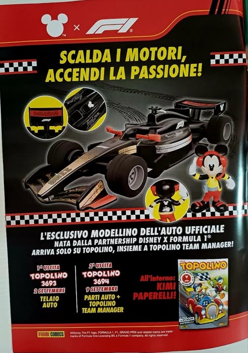 Set completo 2/2 Modellino Ufficiale F1 Gadget Ferrari Topolino + Fumetti 3694 + 3695 da Collezione Kimi Antonelli