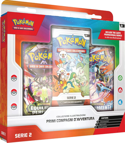 Pokémon: collezione illustrazione Primi compagni d’avventura - Serie 2 del GCC Pokémon (tre carte promozionali, due buste di espansione e un foglio di adesivi), Edizione in Italiano