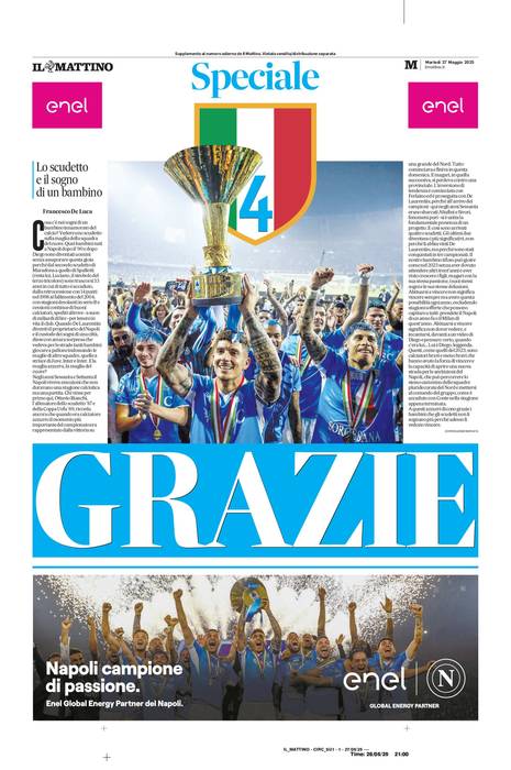 Giornali Quotidiani 4° Scudetto  SSC Calcio NAPOLI - Campione d'Italia 2024-25 2025