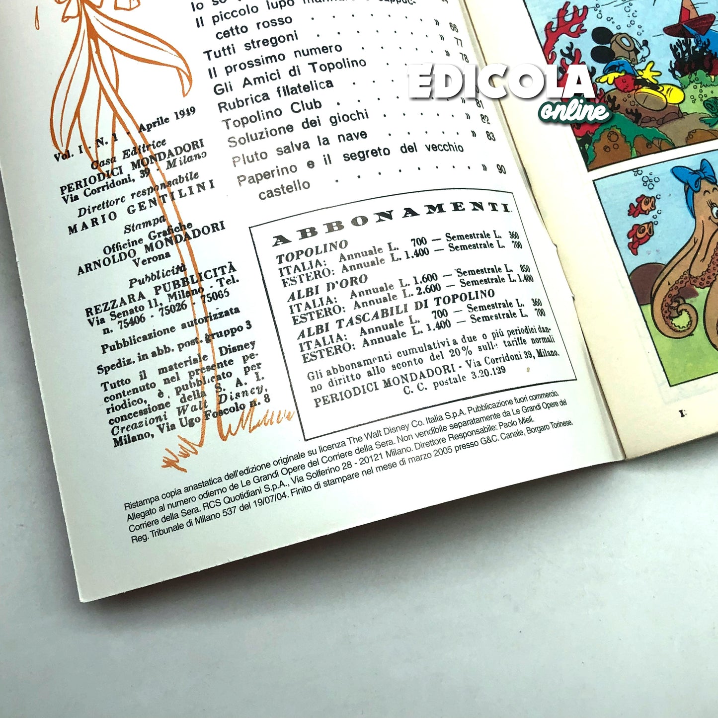 Mickey Mouse Comic Book agrafé n° 1 Réimpression (2005) Objet de collection 60 lires Vintage Rare