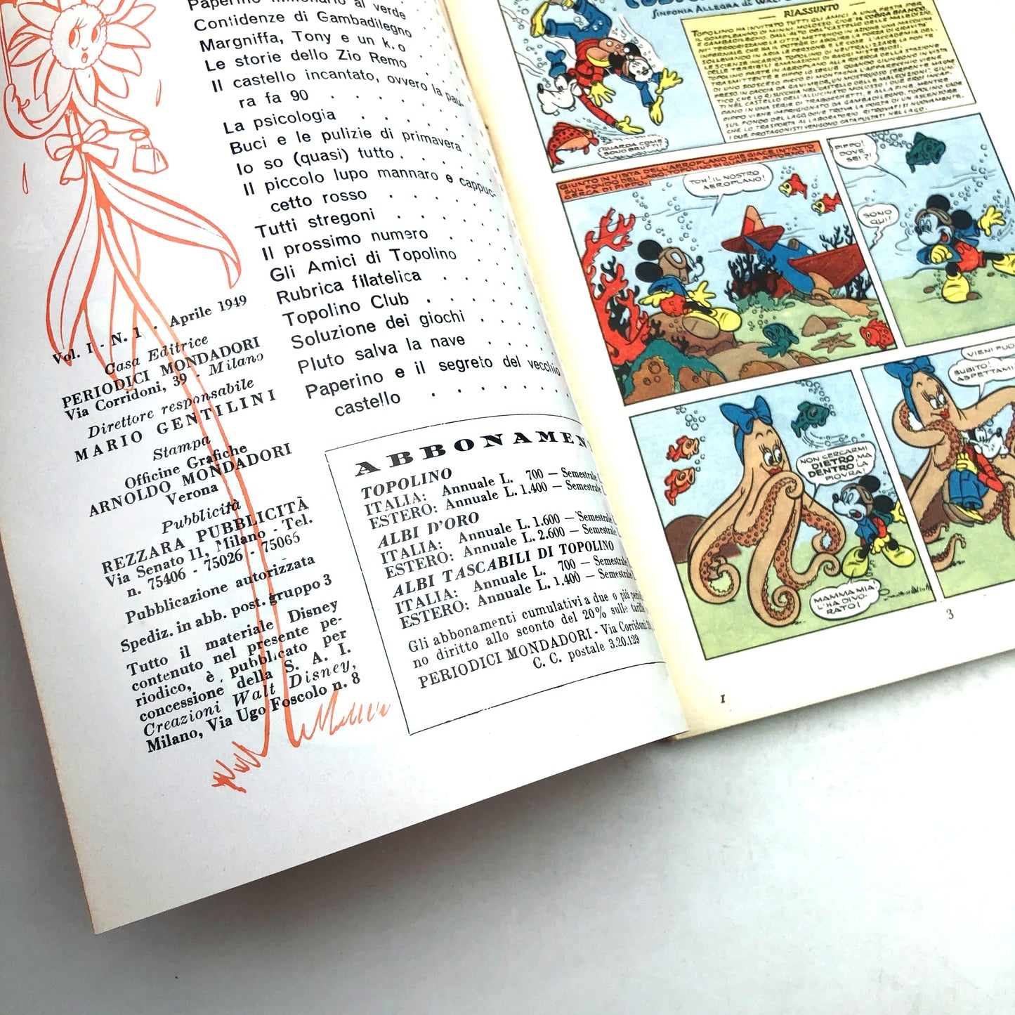 Réimpression du numéro 1 de la bande dessinée Mickey Mouse agrafée (1994), objet de collection, 60 lires, vintage et rare.
