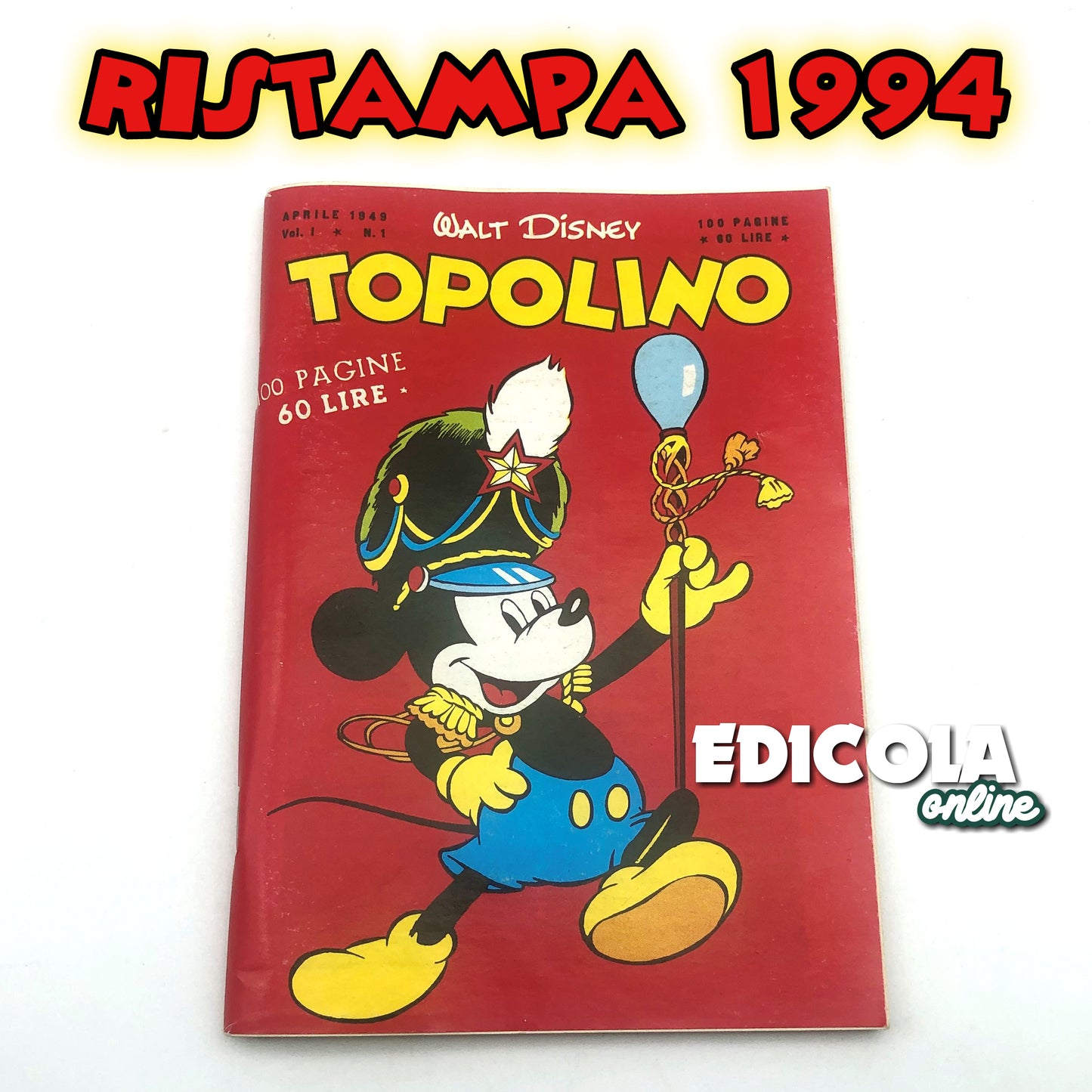 Réimpression du numéro 1 de la bande dessinée Mickey Mouse agrafée (1994), objet de collection, 60 lires, vintage et rare.