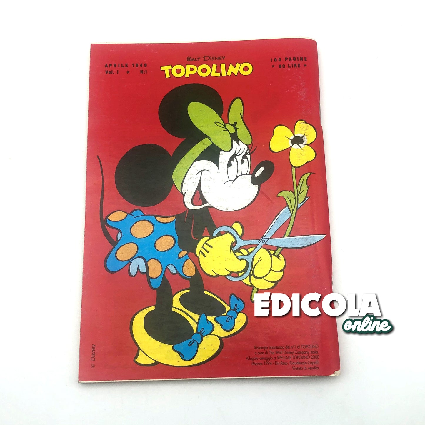 Réimpression du numéro 1 de la bande dessinée Mickey Mouse agrafée (1994), objet de collection, 60 lires, vintage et rare.