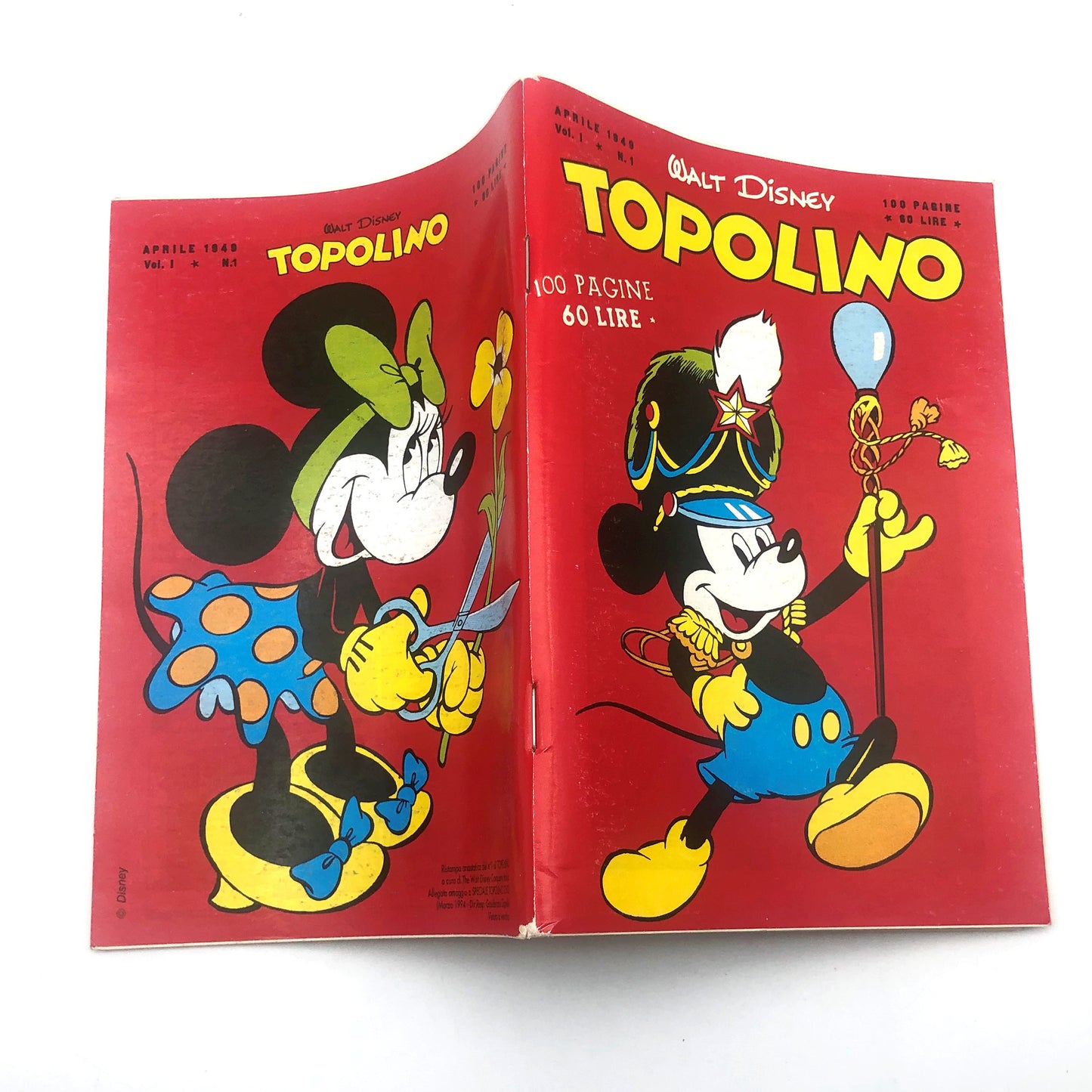 Réimpression du numéro 1 de la bande dessinée Mickey Mouse agrafée (1994), objet de collection, 60 lires, vintage et rare.