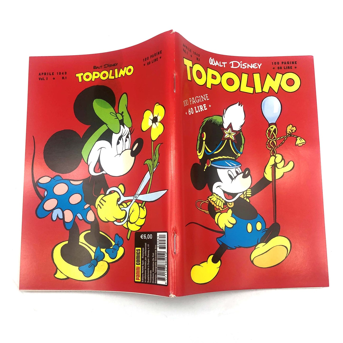 Réimpression du numéro 1 de la bande dessinée Mickey Mouse agrafée (PANINI), objet de collection, 60 lires, vintage et rare.
