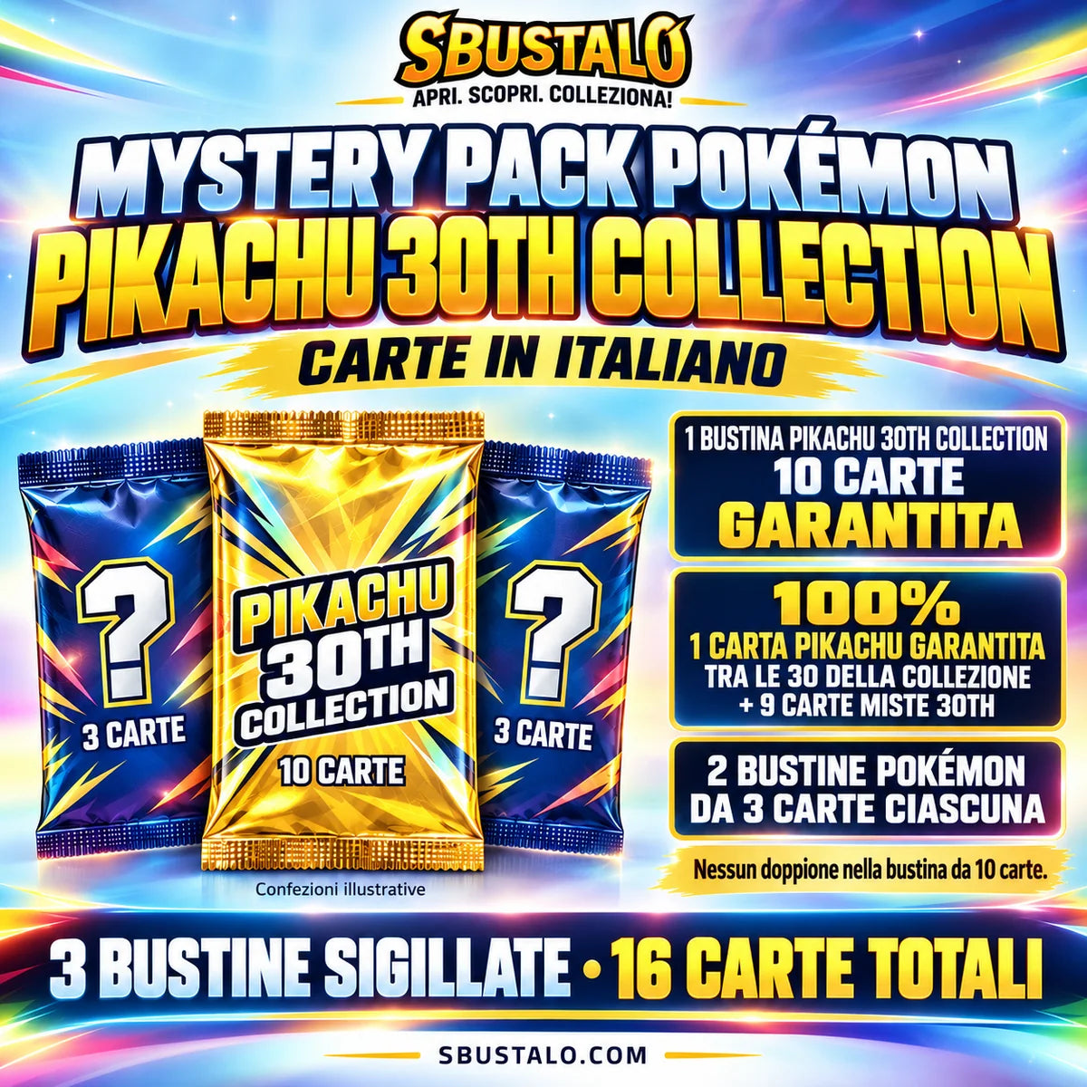 Mystery Pack Pokèmon by Sbustalo.com - Pikachu 30th Collection - 3 Bustine Sigillate in Italiano