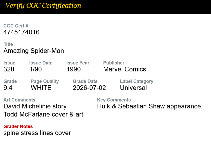 Fumetto Gradato CGC 9.4 : The Amazing Spider-Man #328 - Edizione In Lingua Originale - Cover Hulk Grigio 1990 Marvel