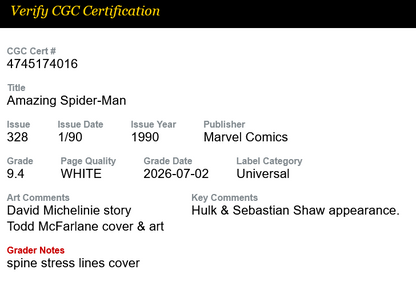 Fumetto Gradato CGC 9.4 : The Amazing Spider-Man #328 - Edizione In Lingua Originale - Cover Hulk Grigio 1990 Marvel