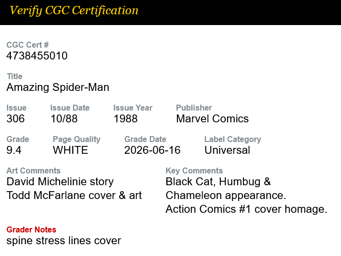 Fumetto Gradato CGC 9.4 : Spider-Man #306 - In Lingua Originale - Marvel Comics Prima Edizione 1988