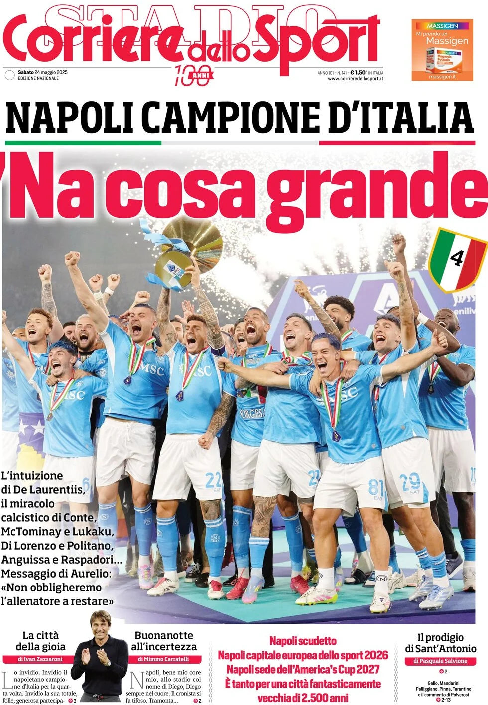 Giornali Quotidiani 4° Scudetto  SSC Calcio NAPOLI - Campione d'Italia 2024-25 2025