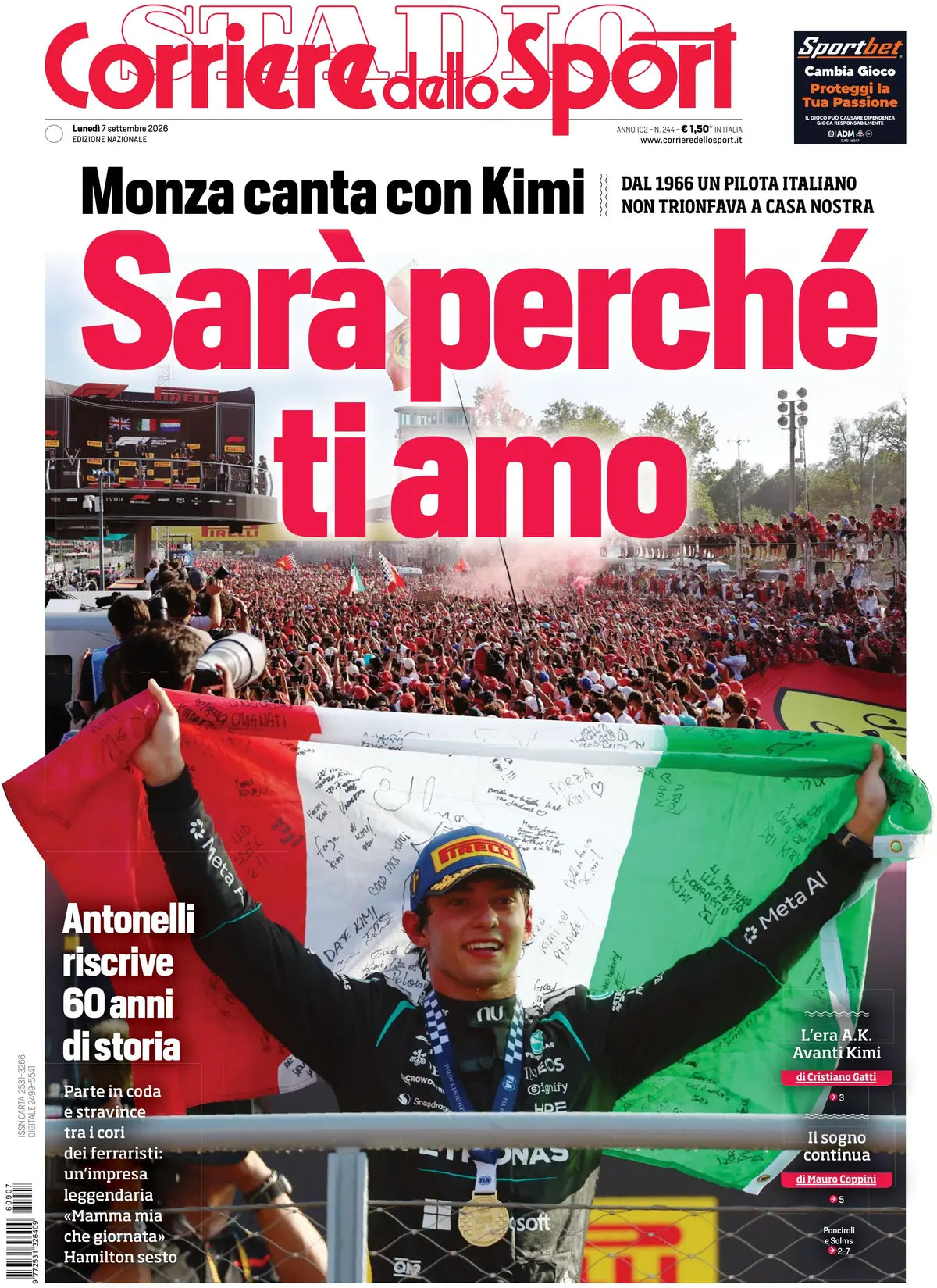 Giornale Quotidiano da Collezione Gazzetta e/o Corriere dello Sport Kimi Antonelli Trionfo a Monza 07.09.2026