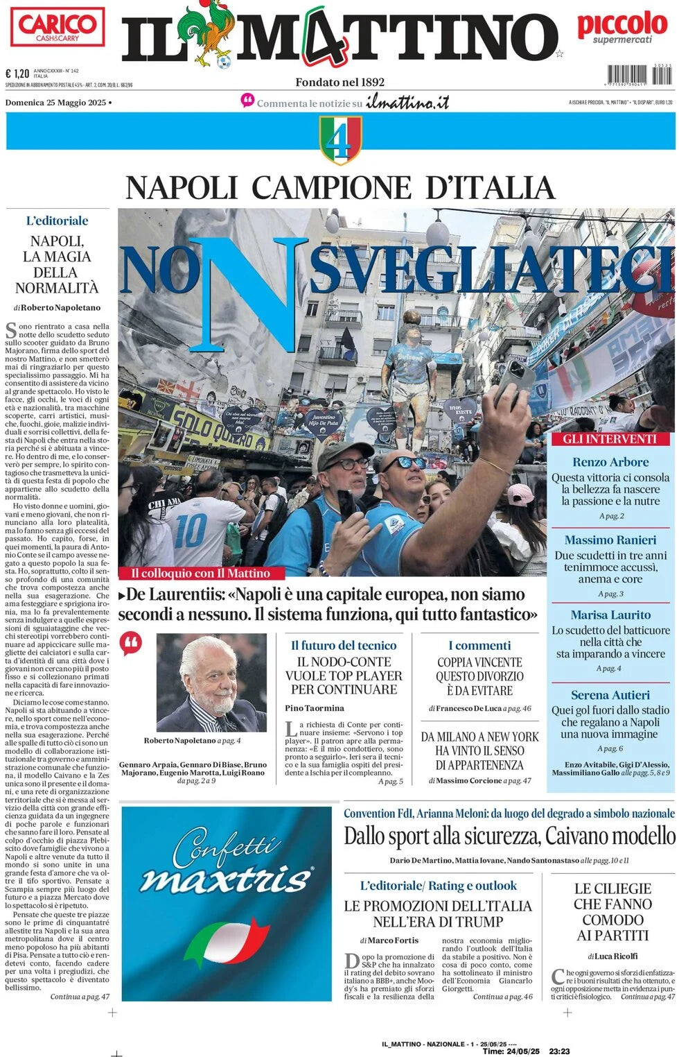 Giornali Quotidiani 4° Scudetto  SSC Calcio NAPOLI - Campione d'Italia 2024-25 2025