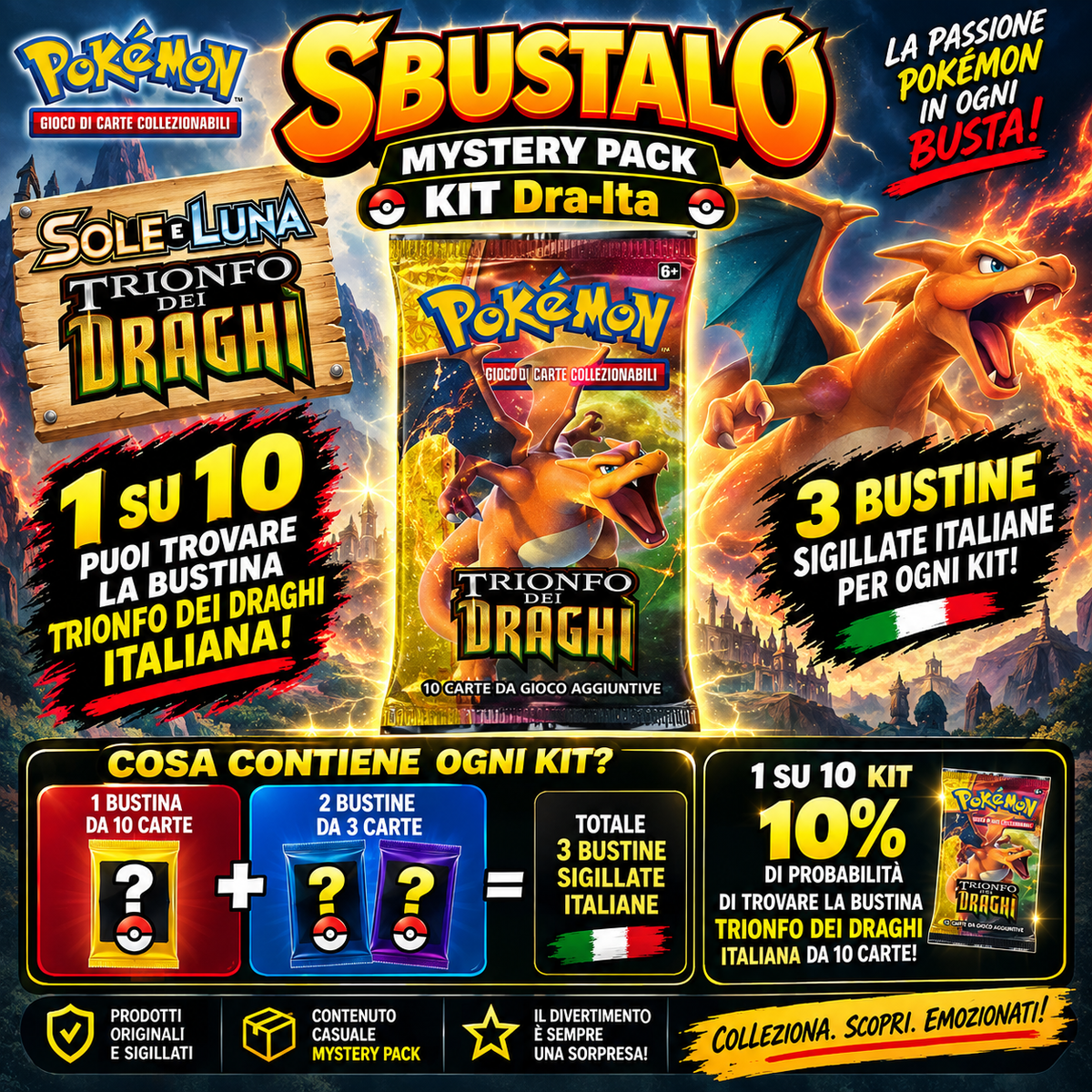 Mystery Pack Pokémon by Sbustalo.com - 3 Guaranteed Sealed Italian Packs - 151 ITA Chance 1 in 10