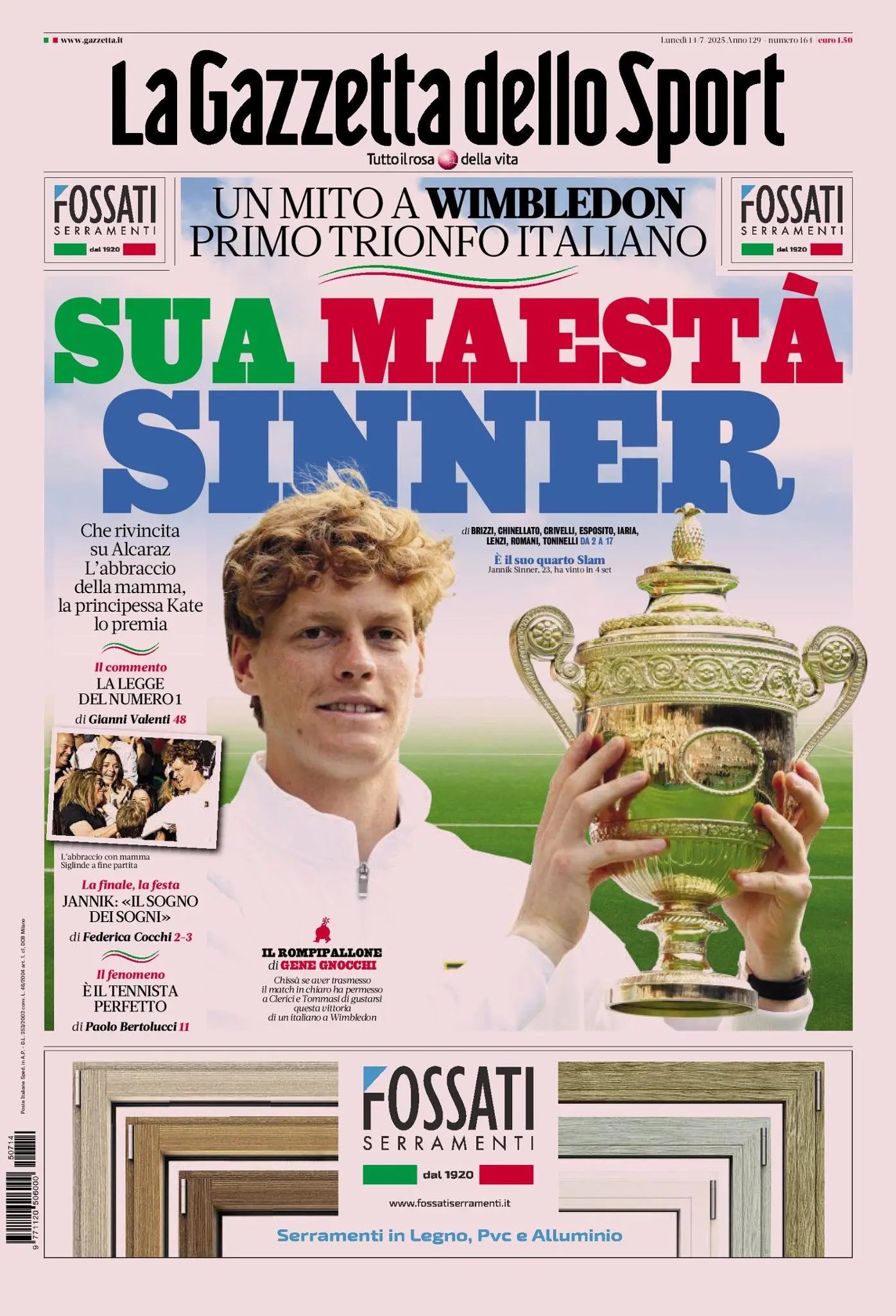 Journal Corriere Gazzetta dello Sport toute la Coupe Davis BAGNAIA SINNER ITALIA