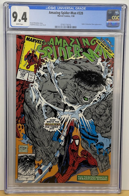 Fumetto Gradato CGC 9.4 : The Amazing Spider-Man #328 - Edizione In Lingua Originale - Cover Hulk Grigio 1990 Marvel