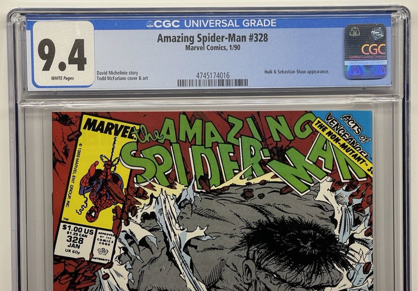 Fumetto Gradato CGC 9.4 : The Amazing Spider-Man #328 - Edizione In Lingua Originale - Cover Hulk Grigio 1990 Marvel