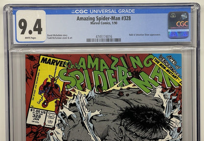 Fumetto Gradato CGC 9.4 : The Amazing Spider-Man #328 - Edizione In Lingua Originale - Cover Hulk Grigio 1990 Marvel