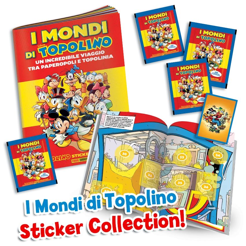 Complete Set 5/5 Album and Packs of Stickers PAPERINO 90 Years Donald Duck + Mickey Mouse Comics