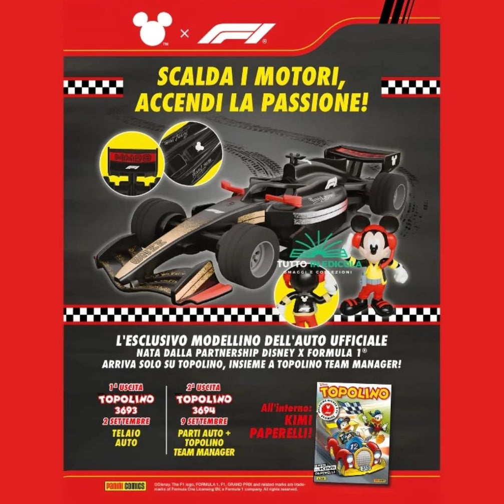 Set completo 2/2 Modellino Ufficiale F1 Gadget Ferrari Topolino + Fumetti 3694 + 3695 da Collezione Kimi Antonelli