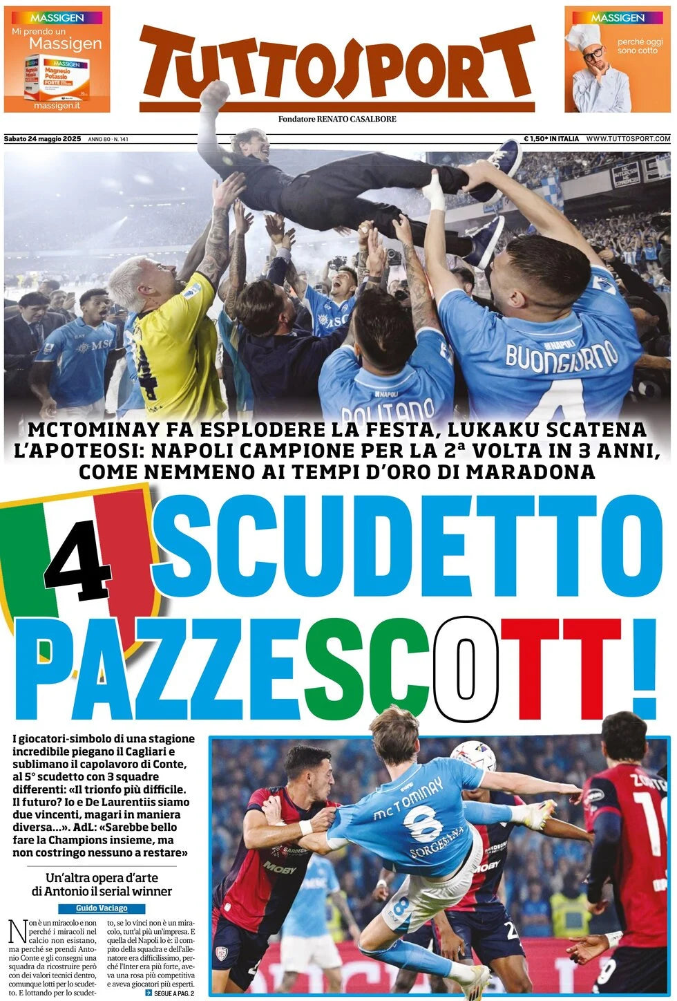 Giornali Quotidiani 4° Scudetto  SSC Calcio NAPOLI - Campione d'Italia 2024-25 2025